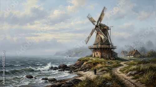 Traditional windmill by a rugged coastline under a cloudy sky