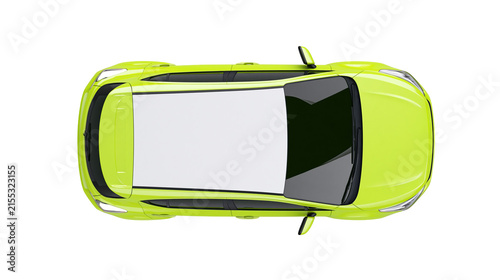 Photography Bright lime green modern hatchback car with white roof, isolated on transparent