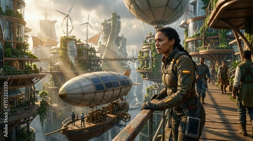 Steampunk cityscape with airship and woman