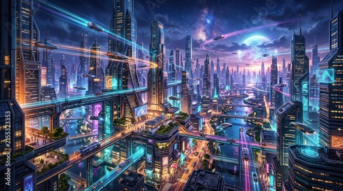 Futuristic cityscape with sky high buildings and flying vehicles