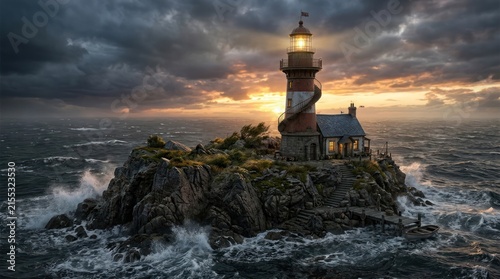 Lighthouse on rocky island at sunset with stormy clouds