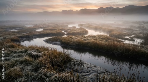Misty river landscape at sunrise