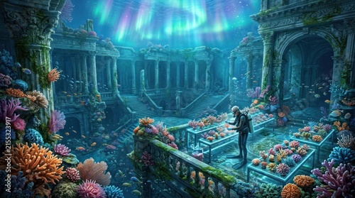 Underwater ruins with diver and aurora borealis