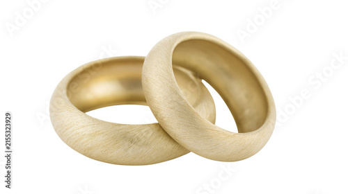 Foto Two brushed gold wedding rings intertwined, isolated on transparent background