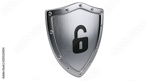 Canvas Print Polished metal shield with unlocked padlock symbol, isolated on transparent back