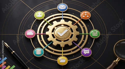 Business Process Management System: A visual representation of a comprehensive business process management system, featuring a central gear icon with a checkmark.
