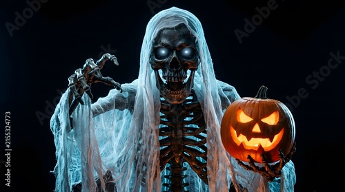 A terrifying skeleton ghost holding a glowing jack o lantern for a spooky happy halloween celebration theme