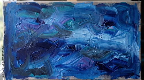 Abstract blue painting with textured brushstrokes symbolizing motion, emotion, and fluid artistic depth.