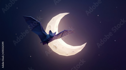 Dark bat flies in front of glowing crescent moon in spooky halloween background with stars shining in night sky