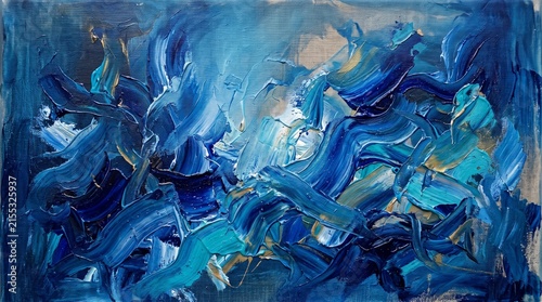 Abstract blue painting with textured brushstrokes symbolizing motion, emotion, and fluid artistic depth.