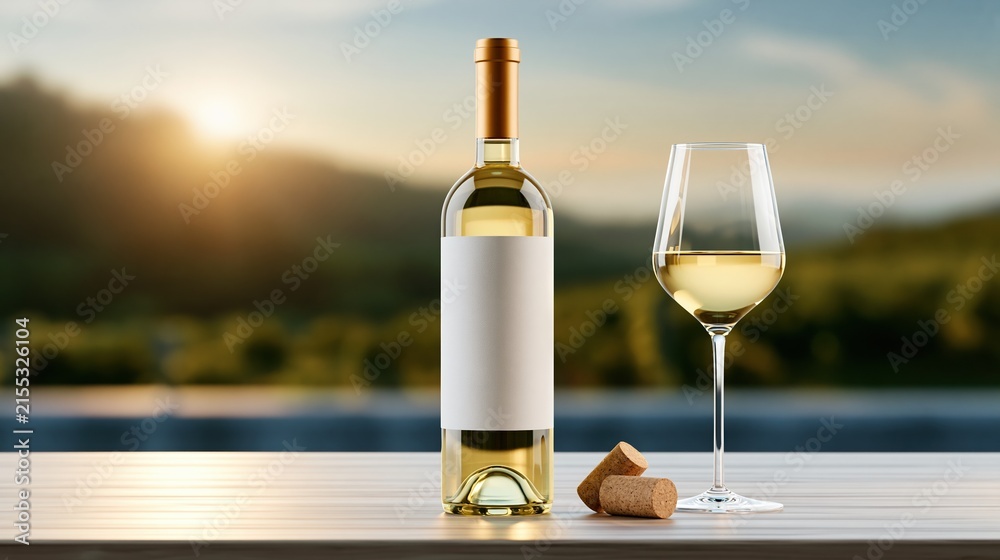 Naklejka premium Elegant White Wine Bottle and Glass with Blank Label on Table with Winery Vineyard Landscape at Sunset