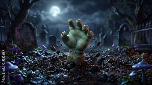 Zombie hand rising from grave in dark cemetery with full moon halloween background creating spooky atmosphere