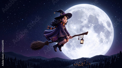 Young witch flying on broomstick with lantern in front of full moon over dark forest and village creating magical halloween background