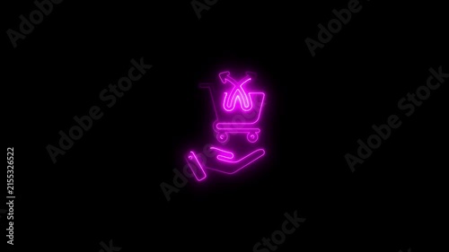 Neon shopping cart and hand animation, e-commerce and retail digital concept, glowing pink online store symbol on black background