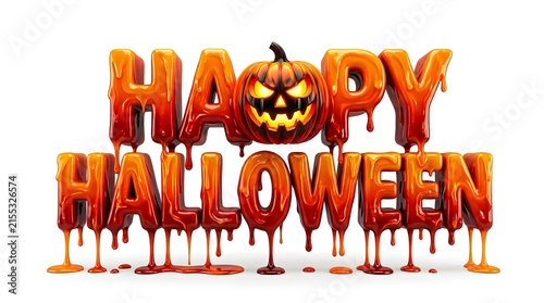 A spooky happy halloween typography design featuring melting orange letters and a glowing carved jack o lantern pumpkin