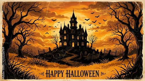 Vintage style illustration of a spooky haunted house at night with the text happy halloween displayed below