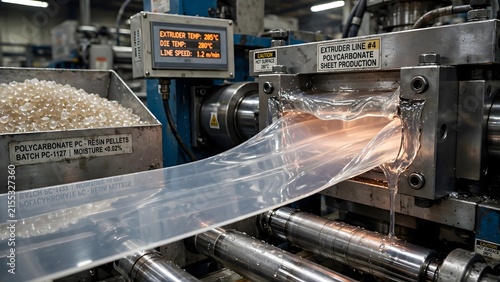 Polycarbonate sheet extrusion manufacturing process in an industrial factory, showing hot molten plastic resin pellets being processed into a continuous clear plastic sheet