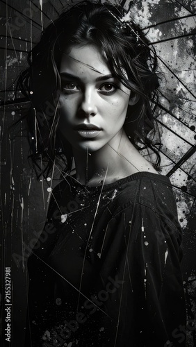 Striking monochrome portrait of a young woman with dark hair against a textured, abstract background.