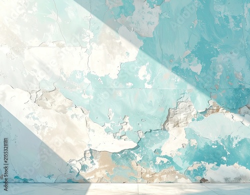Peeling turquoise and white paint on a distressed plaster wall with dramatic light.