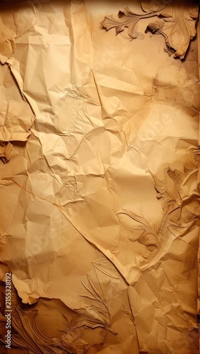 An aged and crumpled paper background with embossed leaf designs.