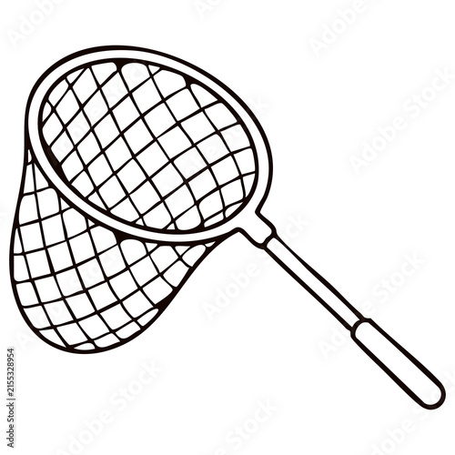 Fishing Landing Net Line Art - Hand Mesh Scoop Icon for Seafood Fishery Websites and Fishing Gear Catalogs