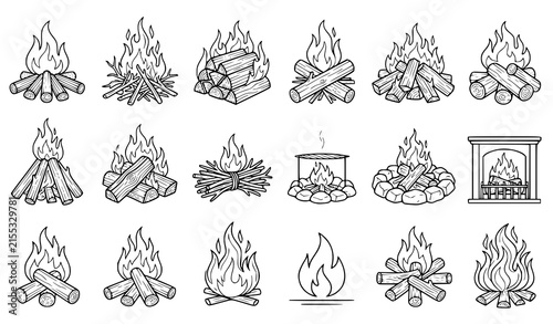 Campfire and bonfire line icon set with firewood, fireplace and flame symbols for camping, outdoor and cooking design elements