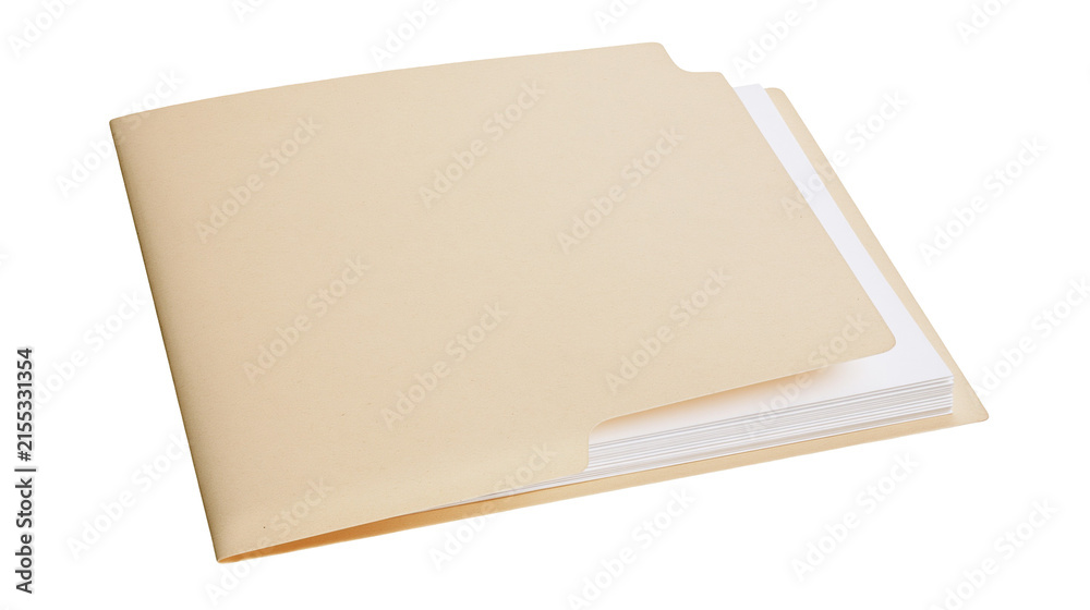 Fototapeta premium Manila folder with stacked white papers inside, isolated on transparent background