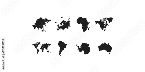 Konstfotografi World map and world continents silhouette vector icon set including asia europe