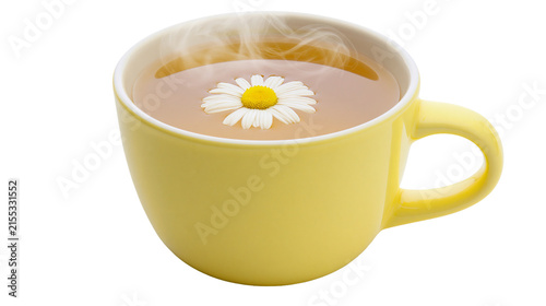 фотографія Steaming yellow mug of chamomile tea with daisy flower, isolated on transparent