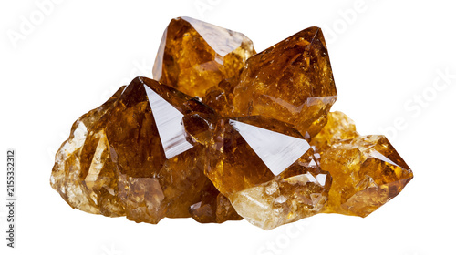 Fotografie Cluster of raw amber citrine quartz crystals faceted and rough, isolated on tran