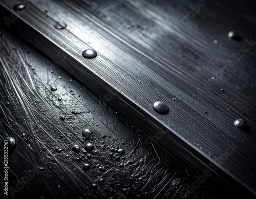 Close-up of a dark, textured surface with water droplets and rivets.