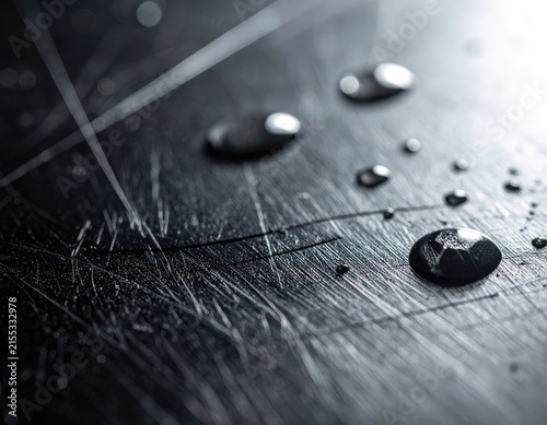 Macro shot of water droplets on a scratched dark surface.