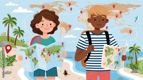 Two young travelers are studying a world map marked with destination pins.