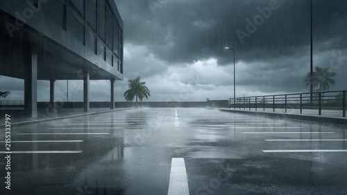Heavy rain falls on an empty asphalt parking lot under a dark and stormy gray sky.