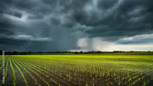 Dark storm clouds with heavy rain shafts gather over a vibrant green field.