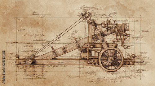 A technical, blueprint style illustration of a Roman catapult, aged parchment background