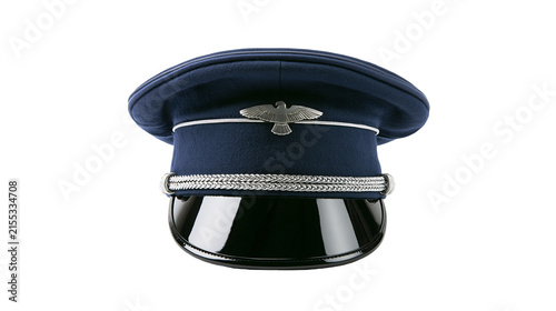 Bild auf Leinwand Dark blue pilot cap with silver eagle emblem and braided band, isolated on trans