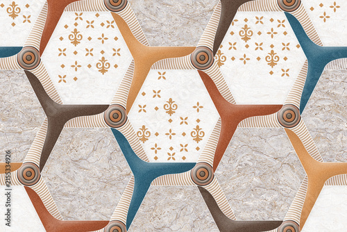 Photography Hexagonal Marble Tile Pattern with Fleur-de-lis Ornament for Luxury Kitchen Back