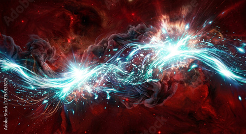 Dark Red Cosmic Nebula with Intense Glowing Blue Energy Streams