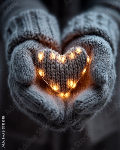 A person wearing gray knit mittens holds glowing heart-shaped string lights in cupped hands against dark background, symbolizing warmth.