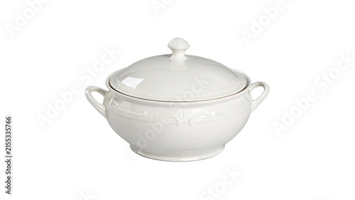 Cuadro en lienzo White ceramic soup tureen with lid isolated on a white background tableware