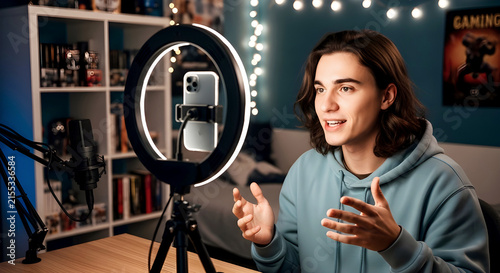 Young Man Creating Digital Video Content in Home Studio