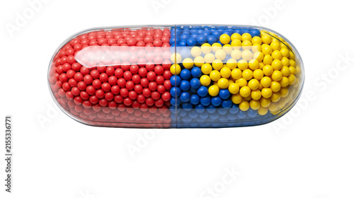 Bild auf Leinwand Transparent capsule filled with red blue and yellow spheres, isolated on transpa