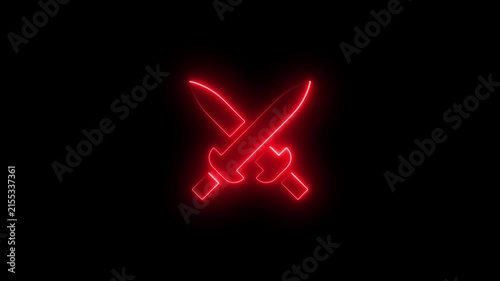 Glowing red neon crossed swords animation on black background, for gaming and, fantasy themes