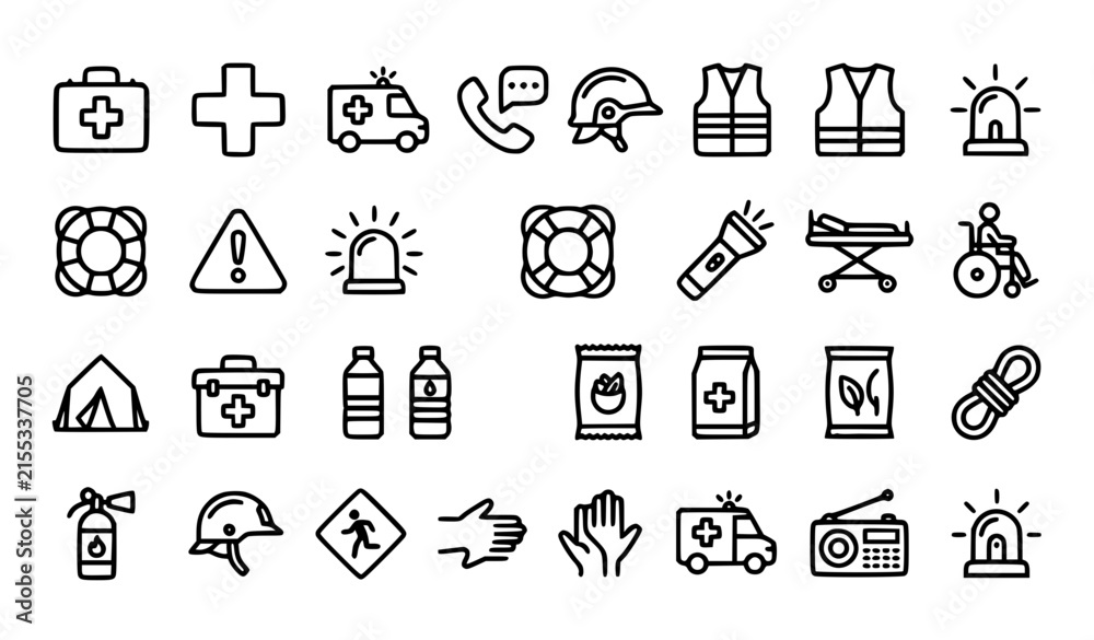 Fototapeta premium Weather and Natural Disaster Warning Outline Icon Set with Storm Lightning and Emergency Symbols