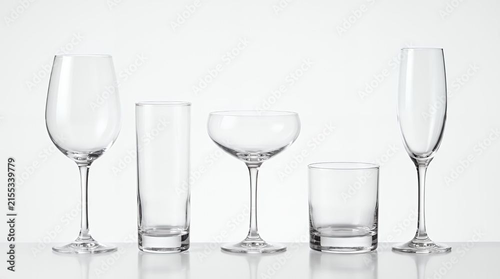 Fototapeta premium Five Different Bar Glasses in a Row Front View Isolated