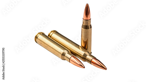 Two brass metallic rifle bullets ammunition isolated on a white background military weapon