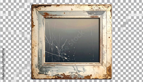 Vintage Rusty Metal Frame with Scratched Glass Isolated on Transparent Background for Retro Design