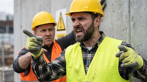 Two construction workers wearing yellow hard hats and orange safety vests argue heatedly on a construction site pointing fingers aggressively.