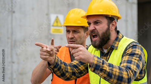 Two construction workers wearing yellow hard hats and orange safety vests argue heatedly on a construction site pointing fingers aggressively.